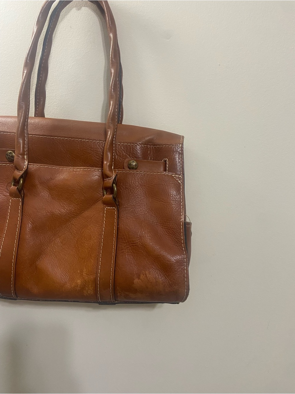 Patricia Nash Cognac Brown Leather Satchel with Twist Handles - Picture 15 of 16
